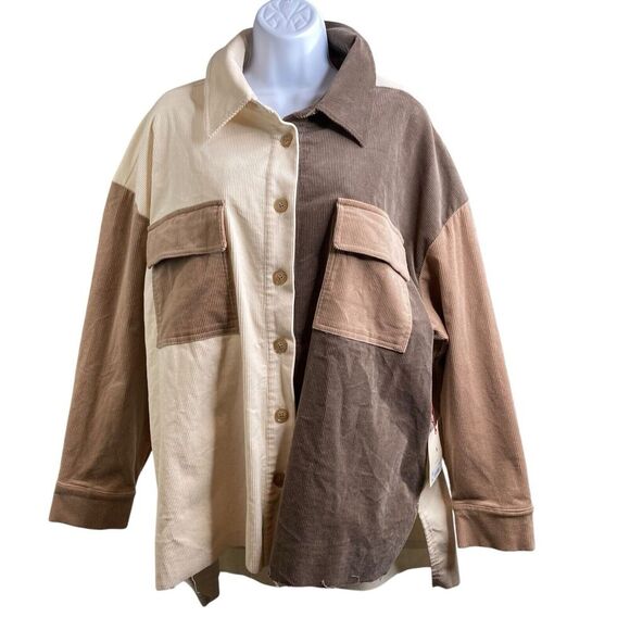 ARULA Jackets & Blazers - Arula Women's Ivory Corduroy Shacket Size 1X Colorblock Patchwork Boho Jacket